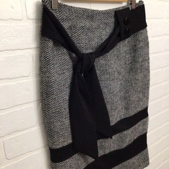 INFINITIF tweed pencil skirt wool blend black grey belted size 38 - Picture 3 of 16